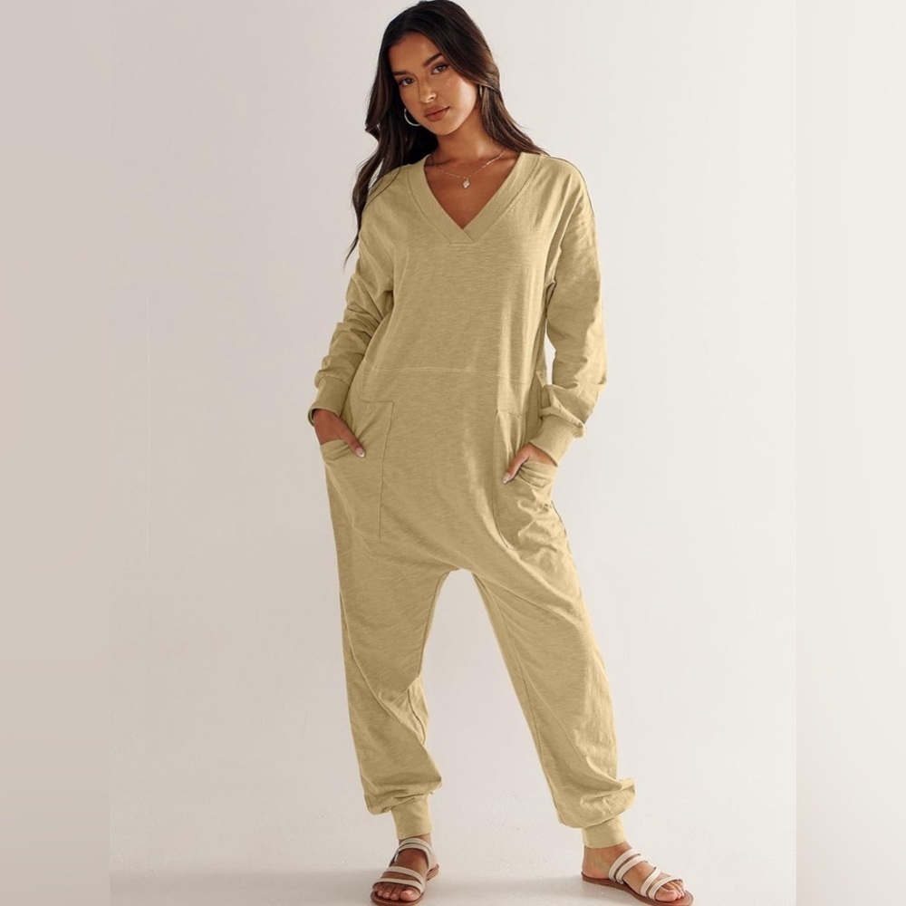 NWT- Light Yellow Caracilia Long Sleeve One Piece Romper Casual Jumper Loose Fit